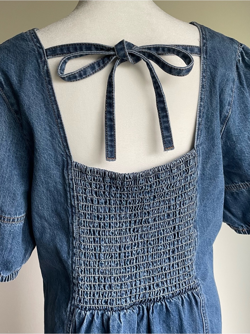 Ophelia Rowe Denim Puff Sleeve Dress w/ Smocked Tie Back – Like New, Size Large - Picture 1 of 13